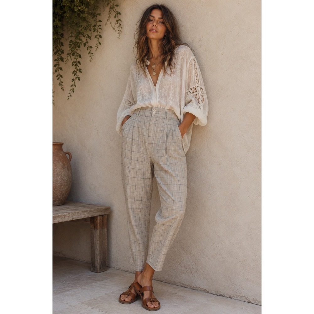 Jennifer Collins Vintage High Waisted Pleated Windowpane Linen Trousers Tan 10